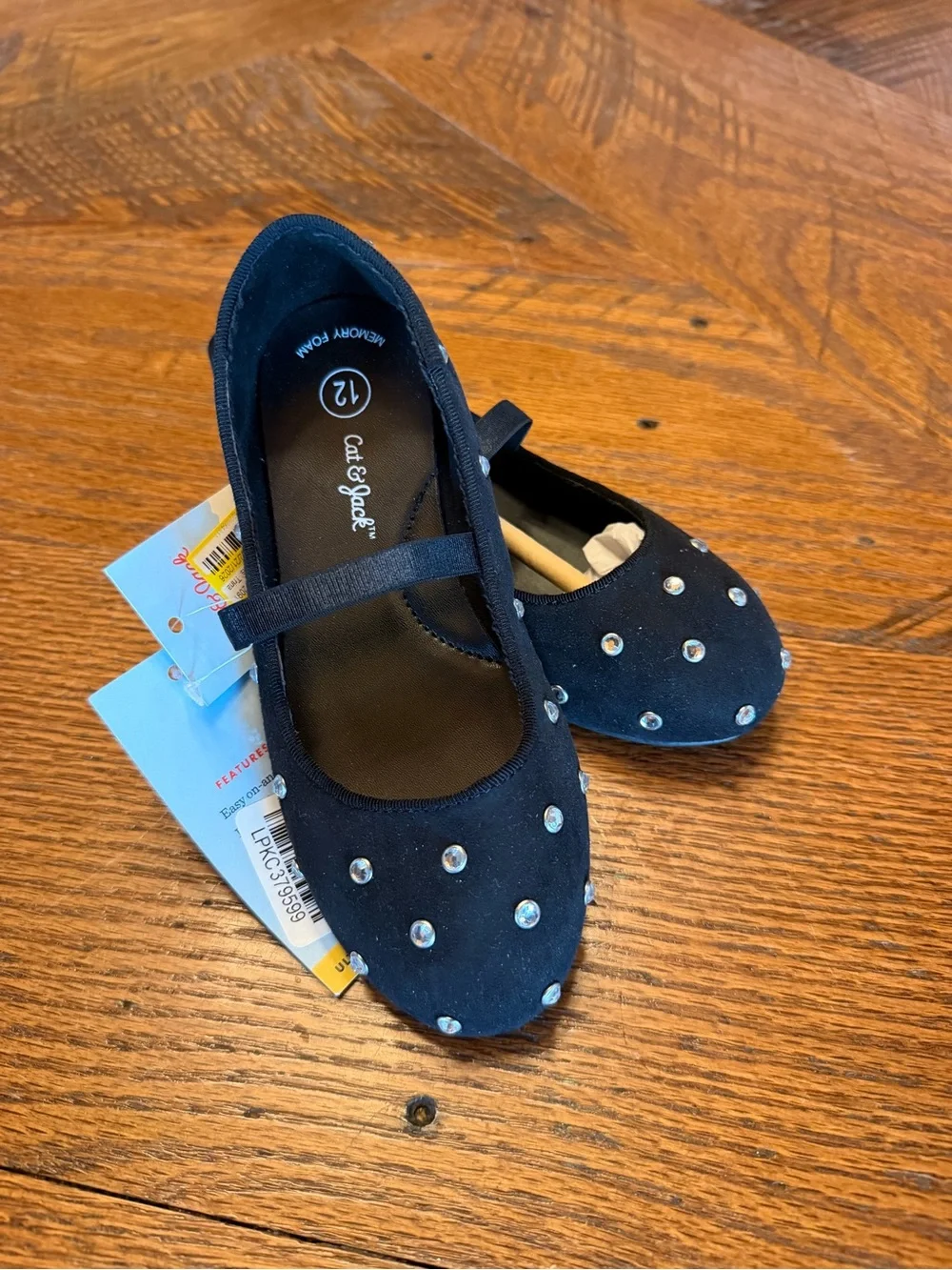 Girls black Mary Jane Flats with Gem Accents sz 12